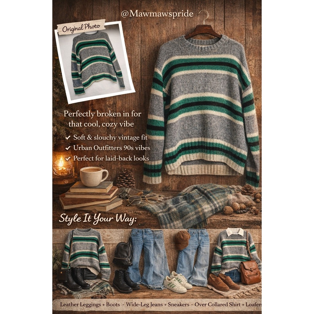 VINTAGE Urban Outfitters Striped Knit Sweater Pullover Green Gray‎ Striped S P